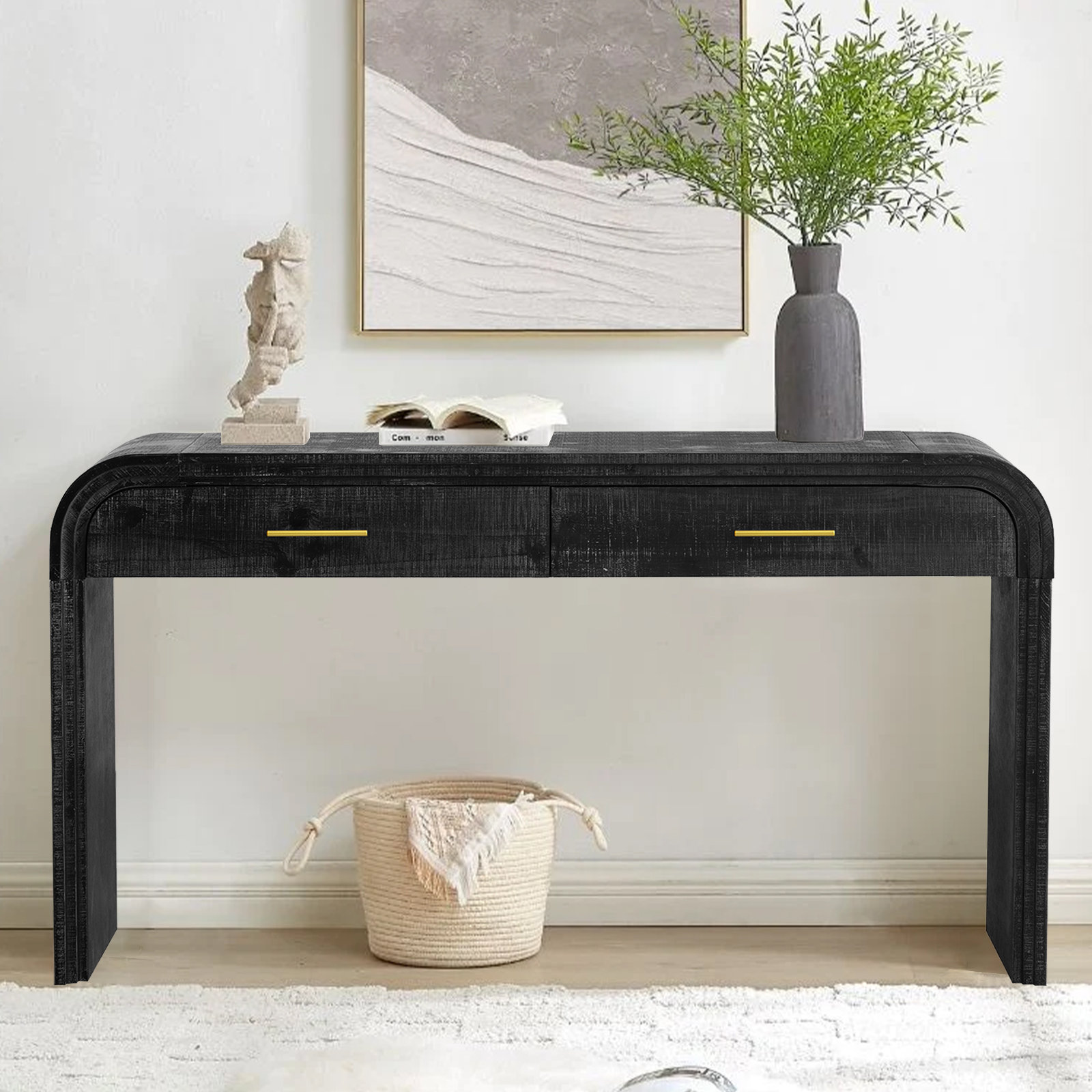 Katen Distinctive Vintage Sofa Table Open Style Console Table with Dual Top Drawers Entryways Table Gracie Oaks Color Antique Black